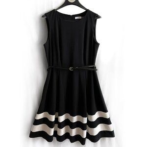 Calvin Klein dress, below knee, pus size 16W, black white, sleeveless, flared